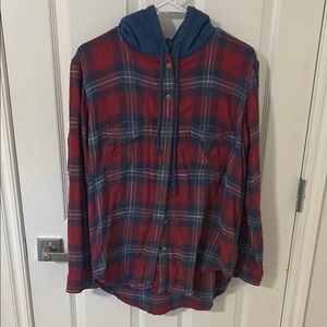 American Eagle Outfitters Navy and Crimson Plaid Hoodie